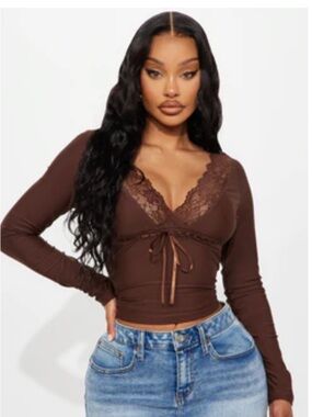 Fashion Nova Chocolate Brown Lace-Trim Tie-Front Long Sleeve Top NWT
